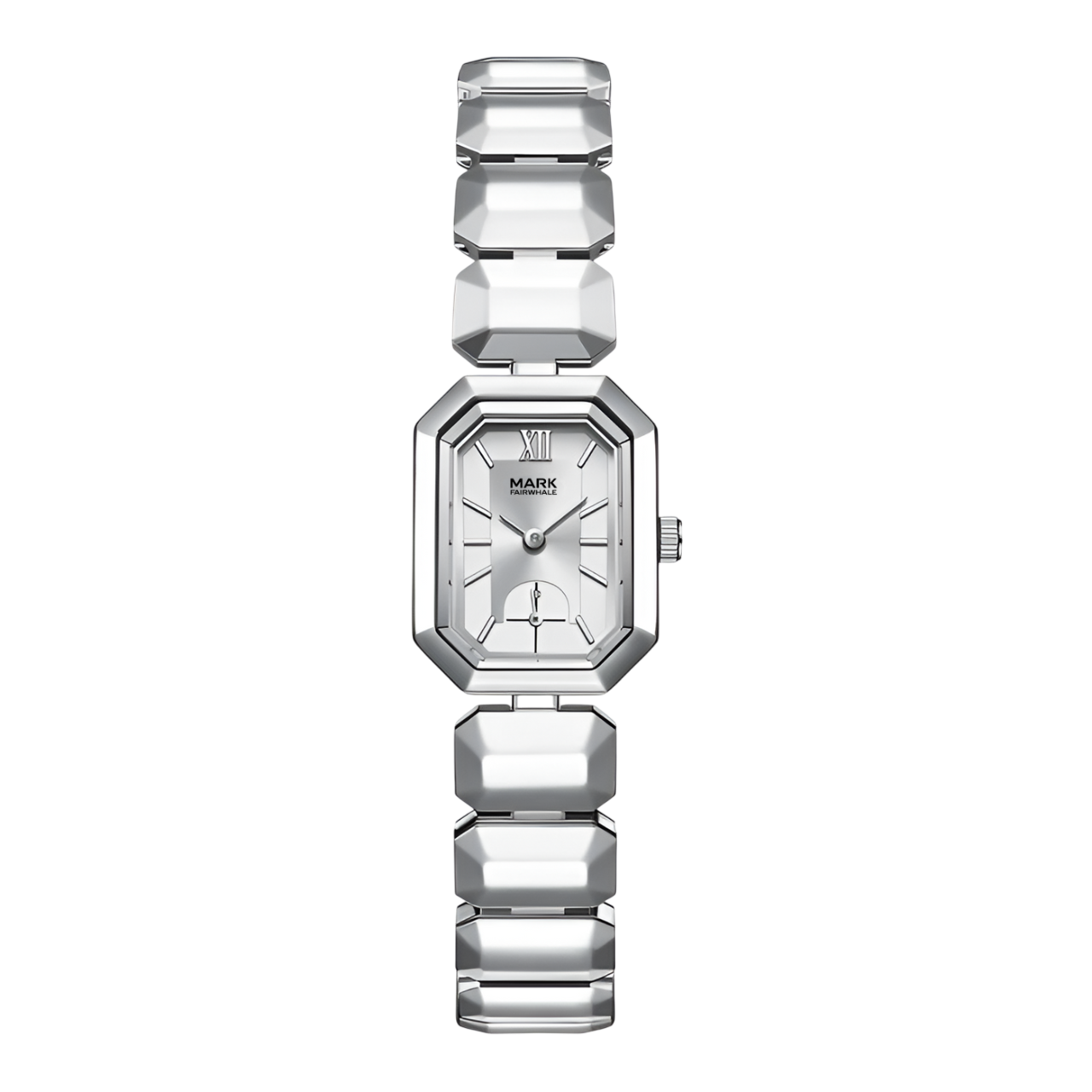 Silver watch with geometric strap design on a white background