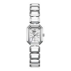 Silver watch with geometric strap design on a white background
