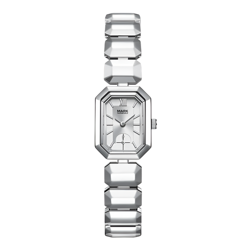 Silver watch with geometric strap design on a white background