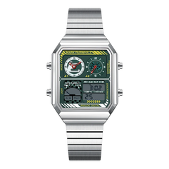 Silver watch with green digital display on a white background