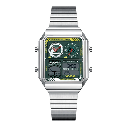 Silver watch with green digital display on a white background