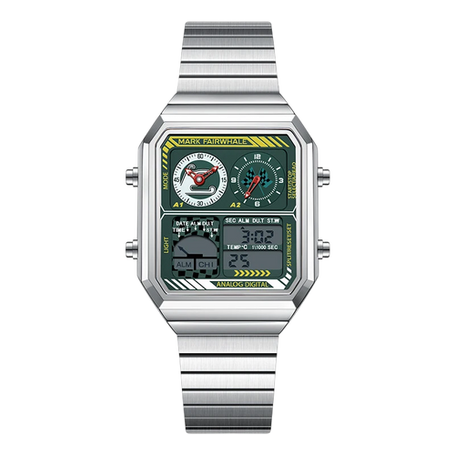 Silver watch with green digital display on a white background