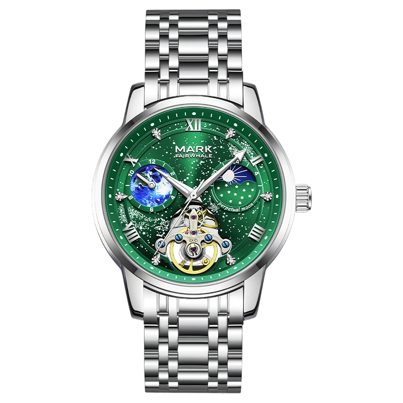 Silver watch with green face and detailed design on a white background
