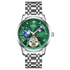 Silver watch with green face and detailed design on a white background