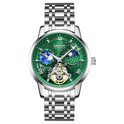 Silver watch with green face and detailed design on a white background