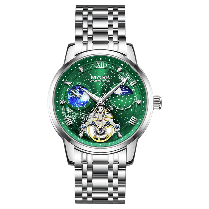 Silver watch with green face and detailed design on a white background