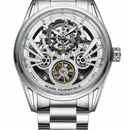 Silver watch with intricate mechanical design on a white background, featuring the brand &