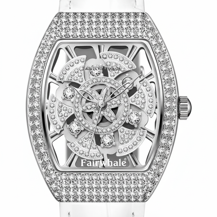 Silver watch with intricate design and &
