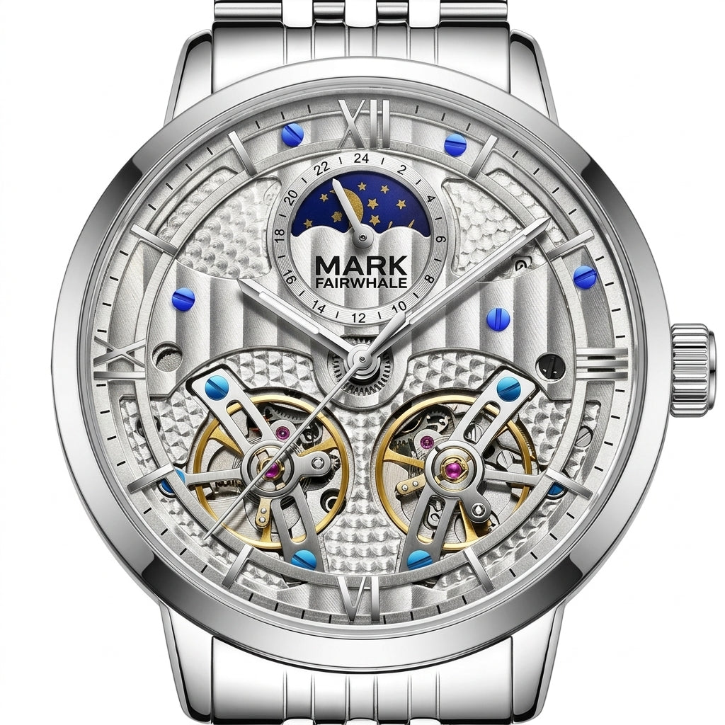 Silver watch with intricate design and visible brand name on a white background