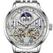 Silver watch with intricate design and visible brand name on a white background