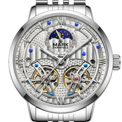 Silver watch with intricate design and visible brand name on a white background