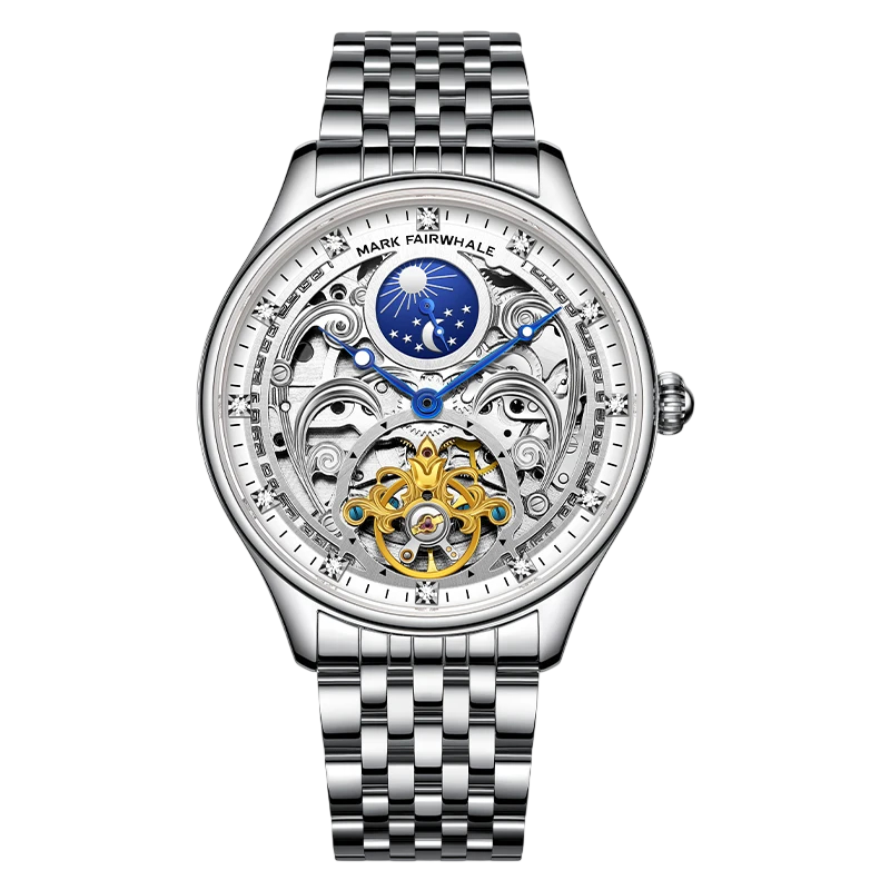 Silver watch with intricate design on a transparent background