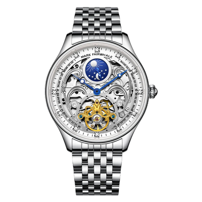 Silver watch with intricate design on a transparent background