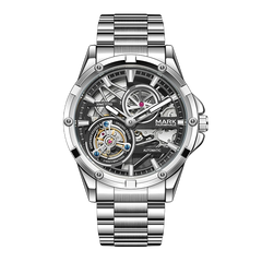 Silver watch with intricate design on a white background