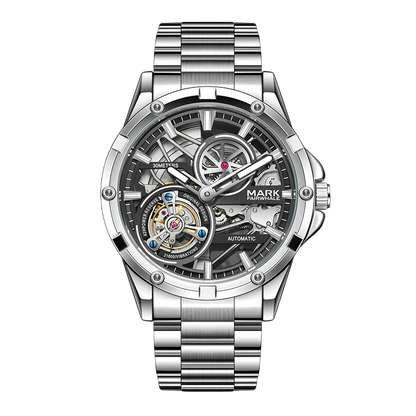 Silver watch with intricate design on a white background