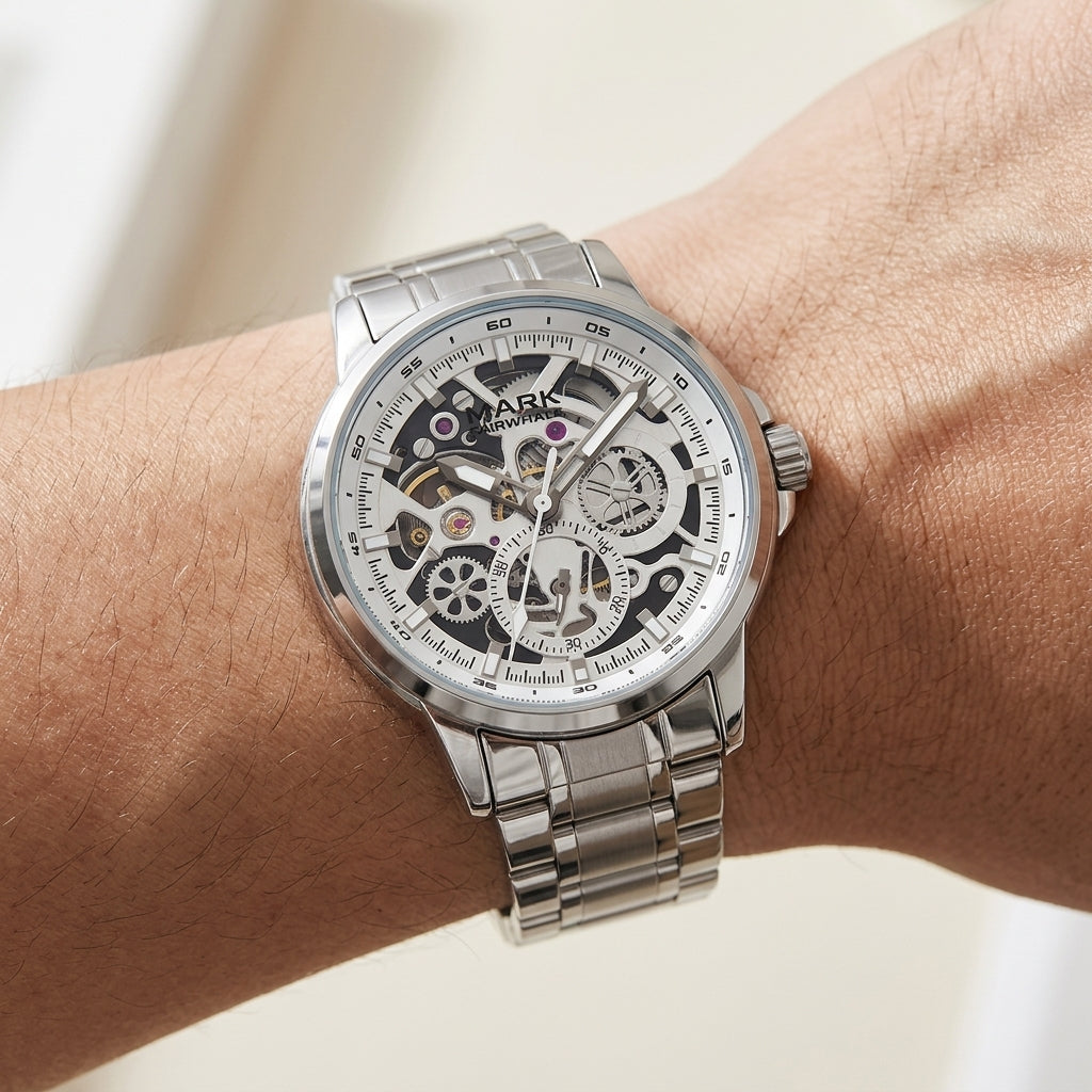 Silver watch with intricate design on a wrist against a neutral background