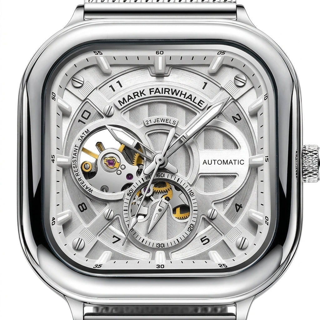 Silver watch with intricate mechanical details on a white background