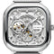Silver watch with intricate mechanical details on a white background