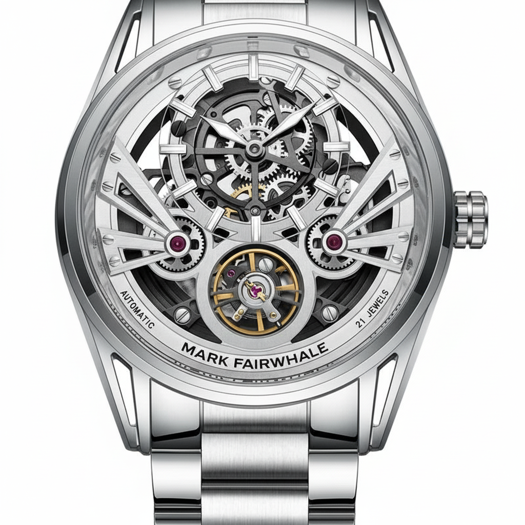 Silver watch with intricate mechanical design on a white background, featuring the brand 'Mark Fairwhale'.