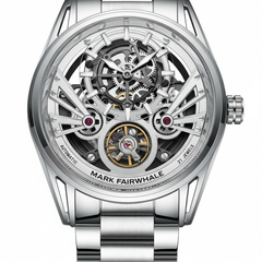 Silver watch with intricate mechanical design on a white background, featuring the brand 'Mark Fairwhale'.