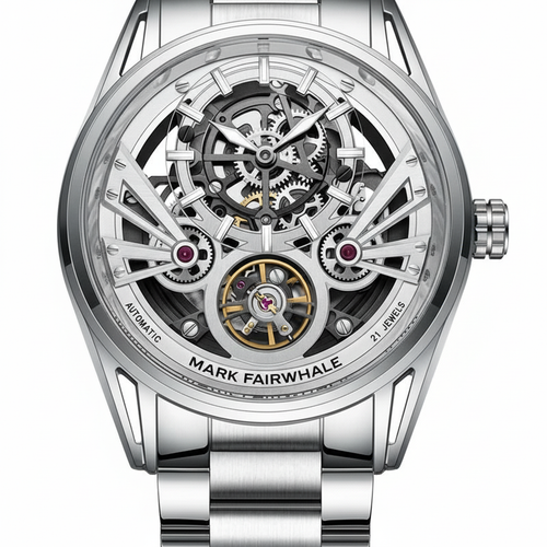 Silver watch with intricate mechanical design on a white background, featuring the brand &