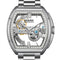 Silver watch with intricate mechanical details on a white background