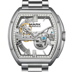 Silver watch with intricate mechanical details on a white background