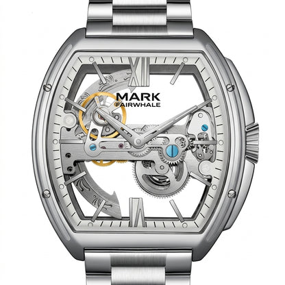 Silver watch with intricate mechanical details on a white background