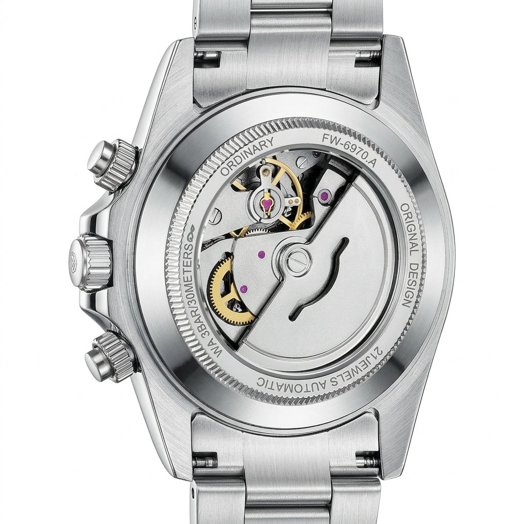 Silver watch with mechanical components on a white background