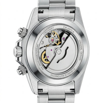 Silver watch with mechanical components on a white background