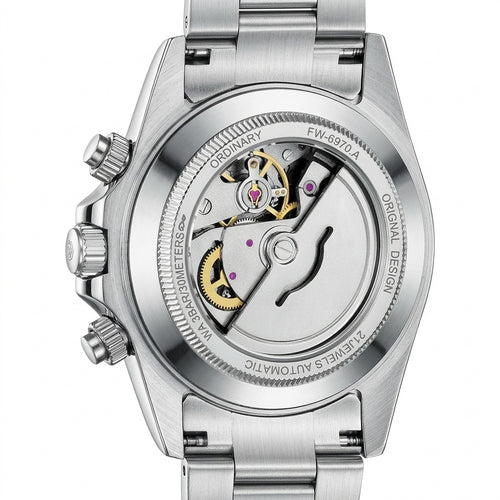 Silver watch with mechanical components on a white background
