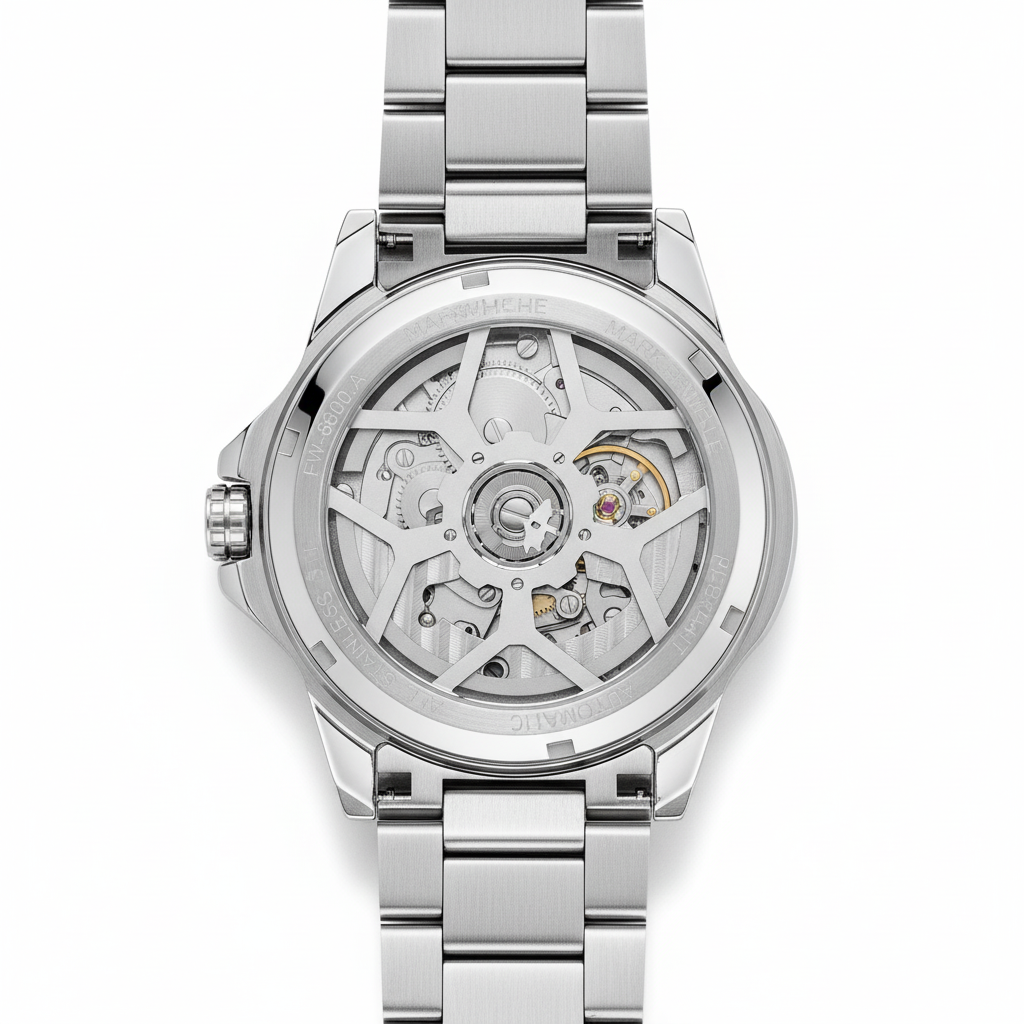 Silver watch with mechanical components on a white background