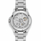 Silver watch with mechanical components on a white background
