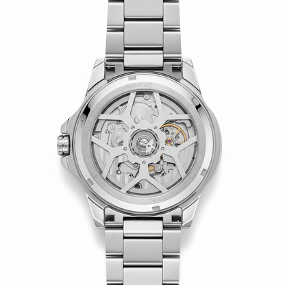 Silver watch with mechanical components on a white background