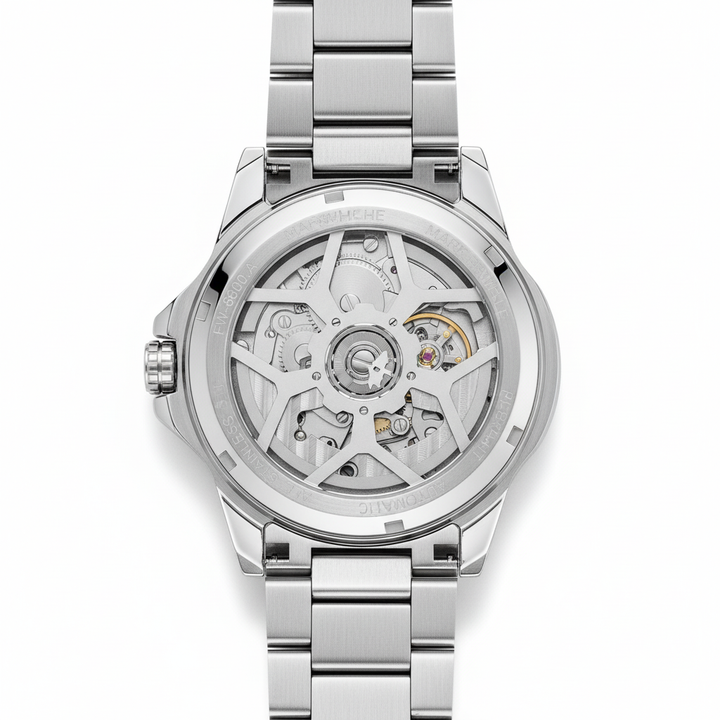 Silver watch with mechanical components on a white background