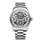 Silver watch with mechanical components on a white background
