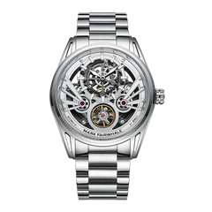 Silver watch with mechanical components on a white background