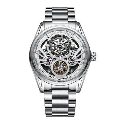 Silver watch with mechanical components on a white background
