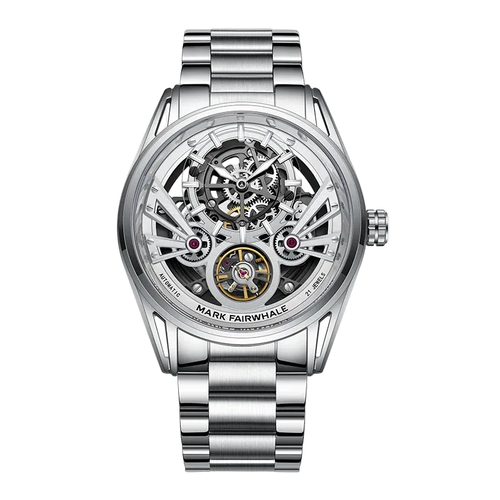 Silver watch with mechanical components on a white background