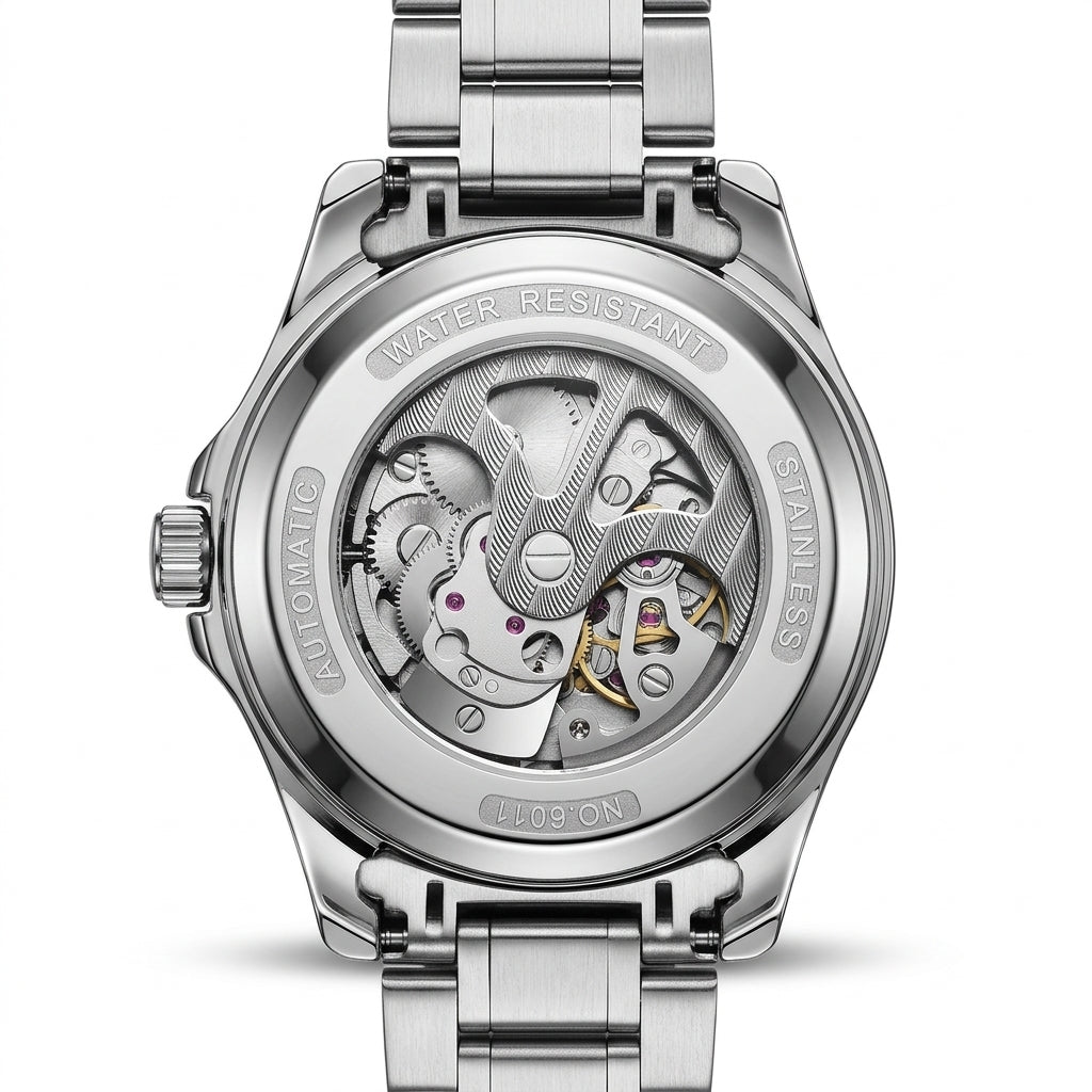 Silver watch with mechanical components on a white background