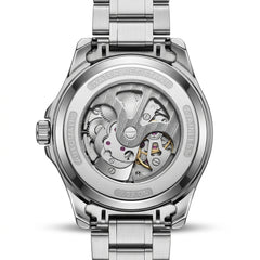 Silver watch with mechanical components on a white background