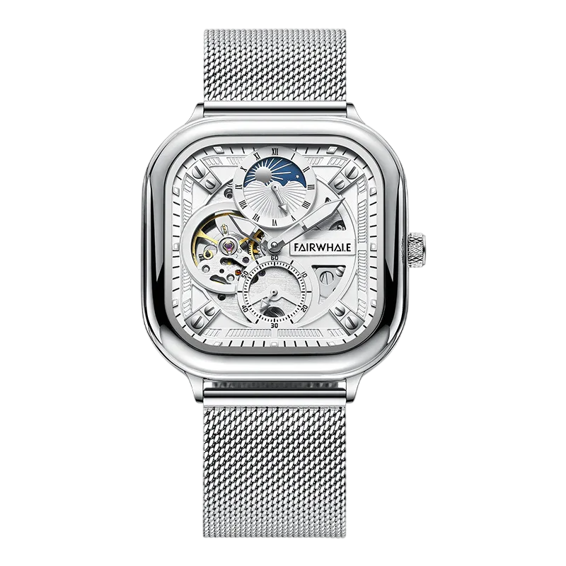 Silver watch with mesh band and visible brand name on a white background