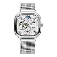 Silver watch with mesh band and visible brand name on a white background