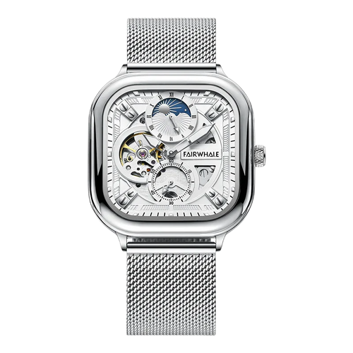 Silver watch with mesh band and visible brand name on a white background