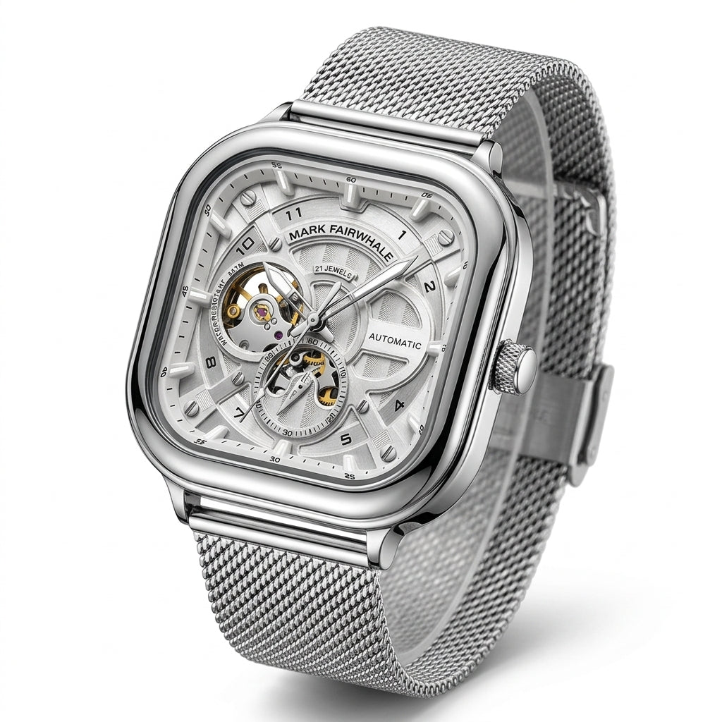 Silver watch with mesh band on a white background