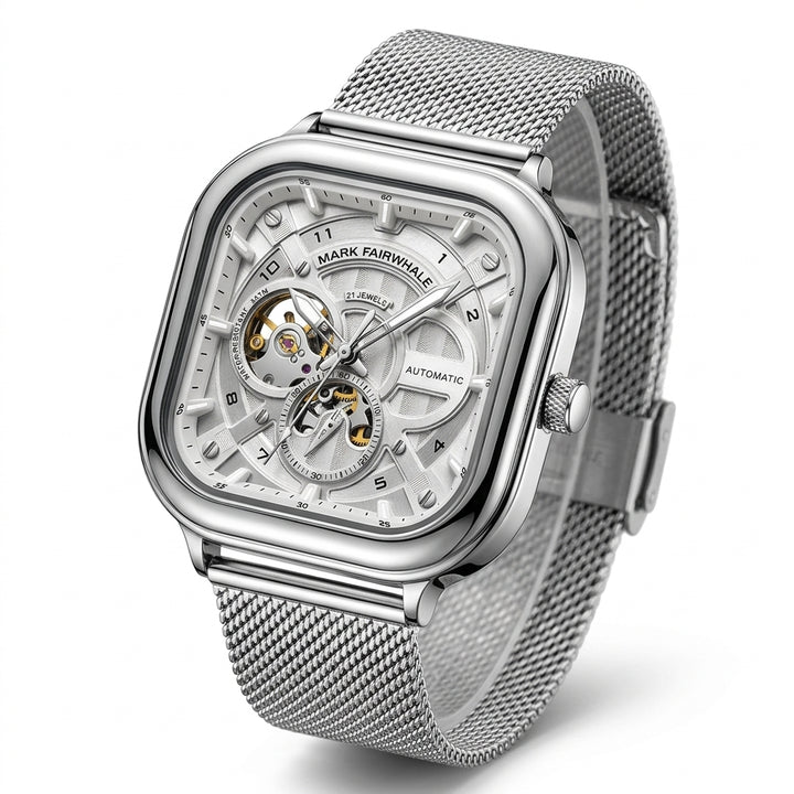 Silver watch with mesh band on a white background