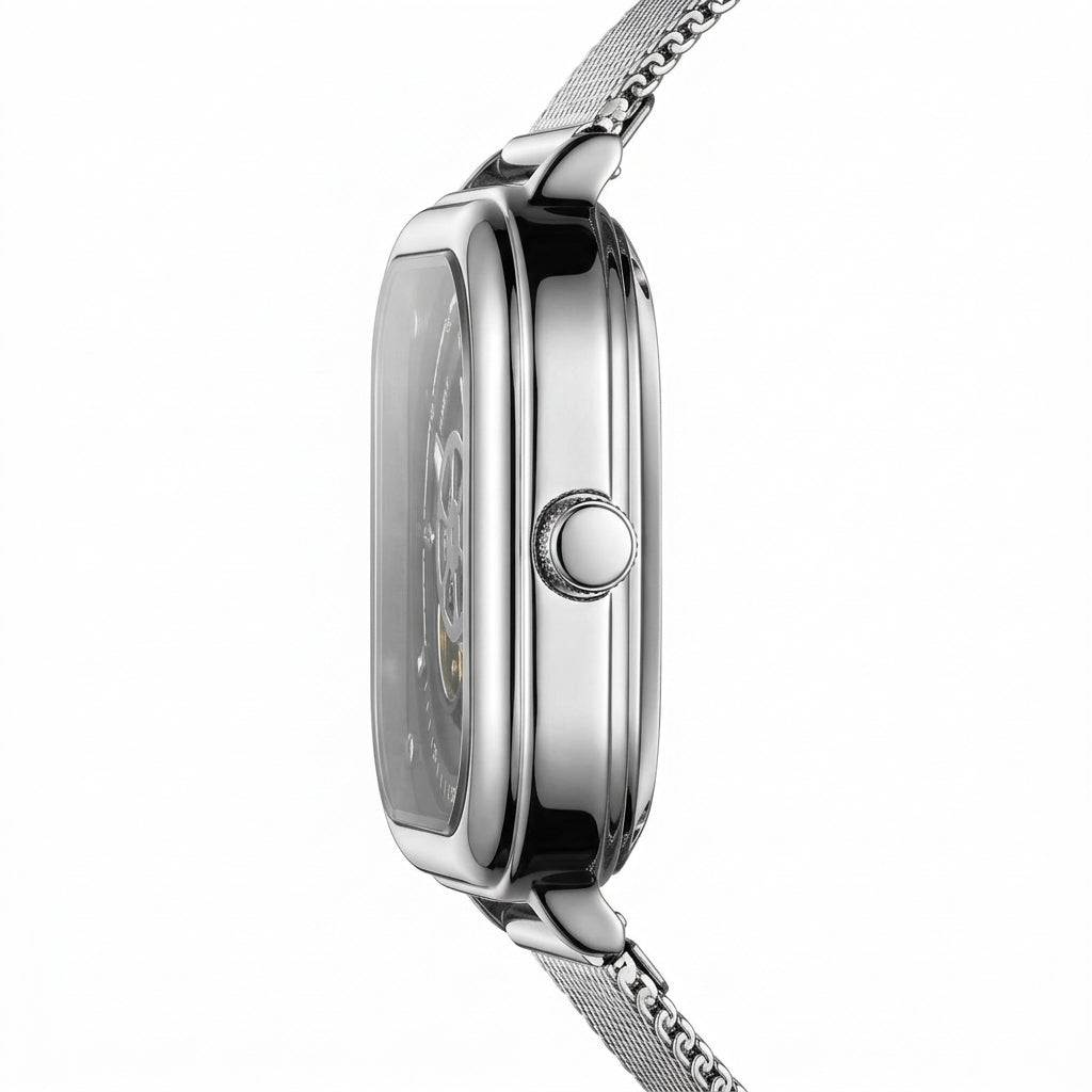 Silver watch with mesh band on a white background