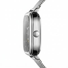 Silver watch with mesh band on a white background