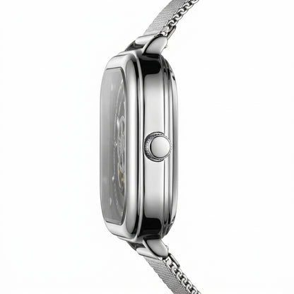 Silver watch with mesh band on a white background