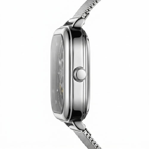 Silver watch with mesh band on a white background